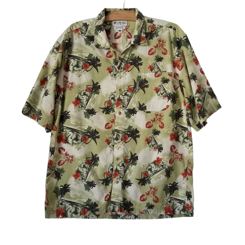 Columbia Button Down Shirt Hawaiian Floral Short Sleeve 100% cotton Olive Green